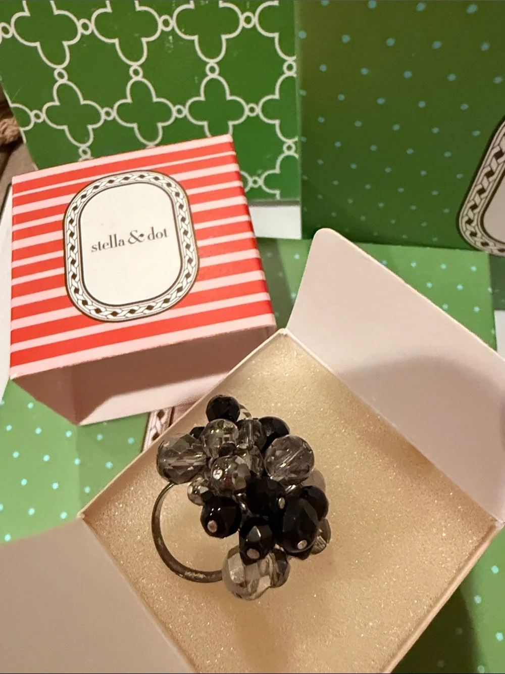 Stella & Dot Black and Smoke Cluster Beaded Ring